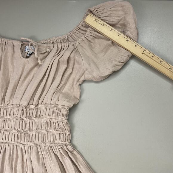 Vtg Poof Dress Womens Large Beige Tan Smocked Gauzy Milkmaid Peasant Babydoll - Picture 6 of 13